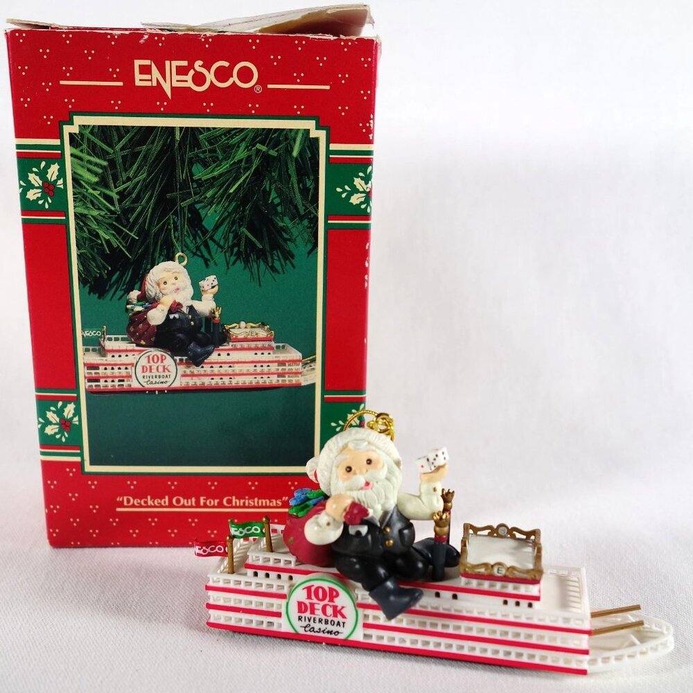 Vintage 1996 Enesco Decked Out‎ For Christmas Santa Riverboat Casino Ornament